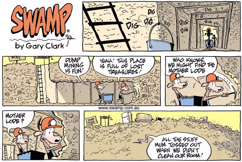 Cheese and Chives Rats are dump mining and it's full of treasures hoping to find the mother lode. Swamp Cartoon - Swamp Rats Mother LodeFebruary 18, 2024